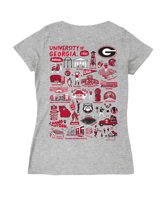 Georgia Bulldogs Hand Sketched Vive La Fete Impressions Artwork Grey Women Cotton Short Sleeve V-Neck Tshirt