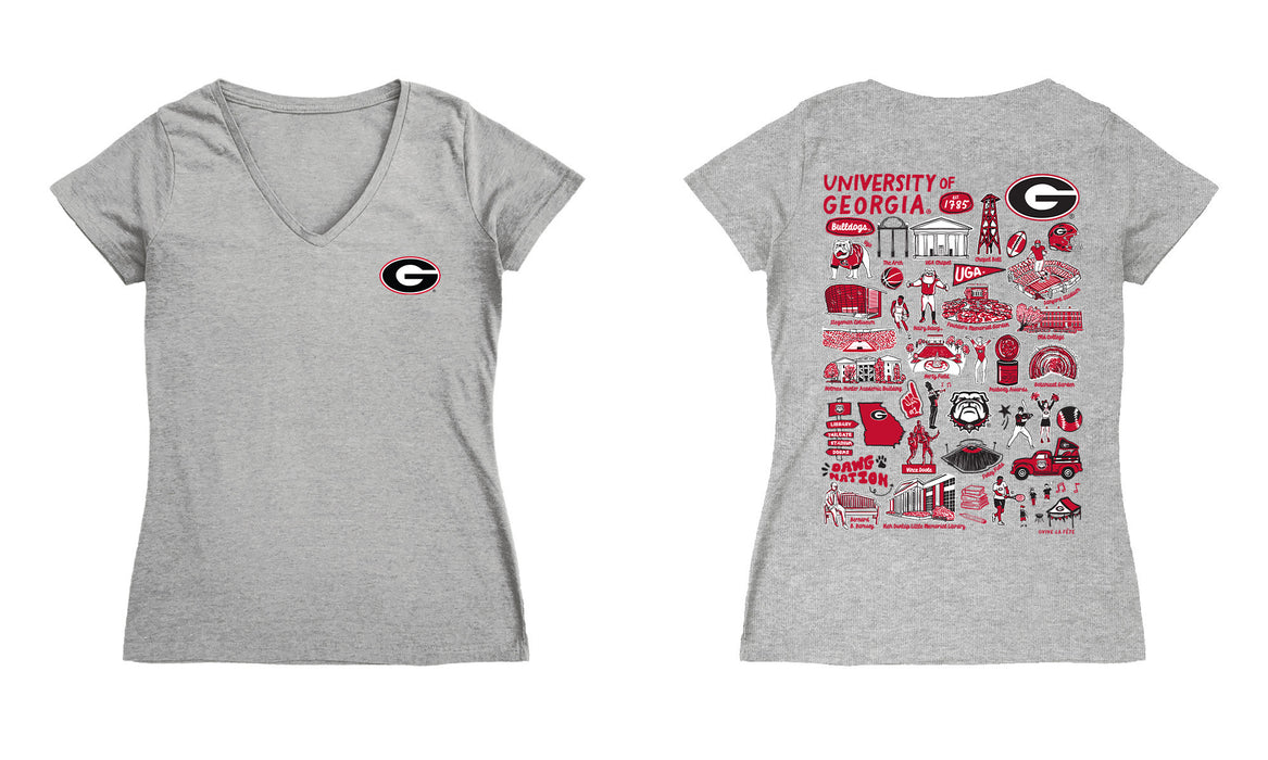 Georgia Bulldogs Hand Sketched Vive La Fete Impressions Artwork Grey Women Cotton Short Sleeve V-Neck Tshirt