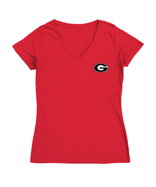 Georgia Bulldogs Hand Sketched Vive La Fete Impressions Artwork Red Women Cotton Short Sleeve V-Neck Tshirt