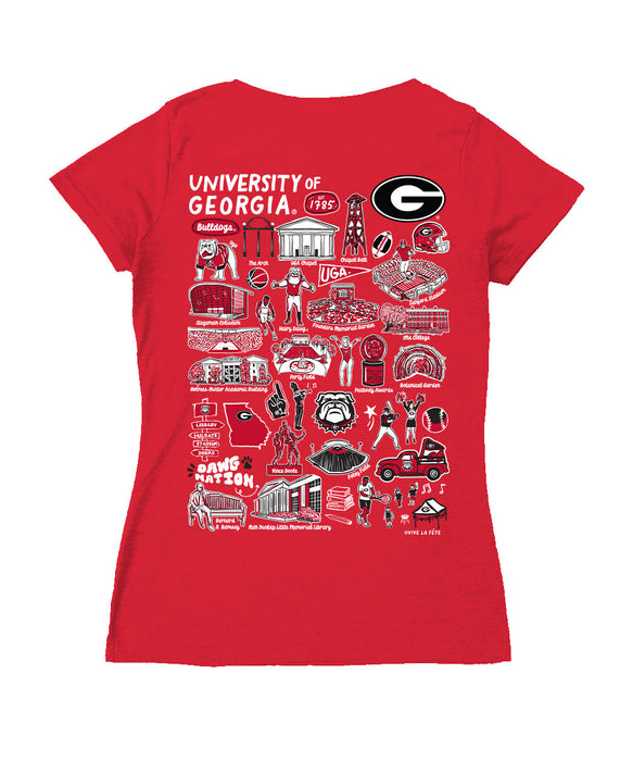 Georgia Bulldogs Hand Sketched Vive La Fete Impressions Artwork Red Women Cotton Short Sleeve V-Neck Tshirt