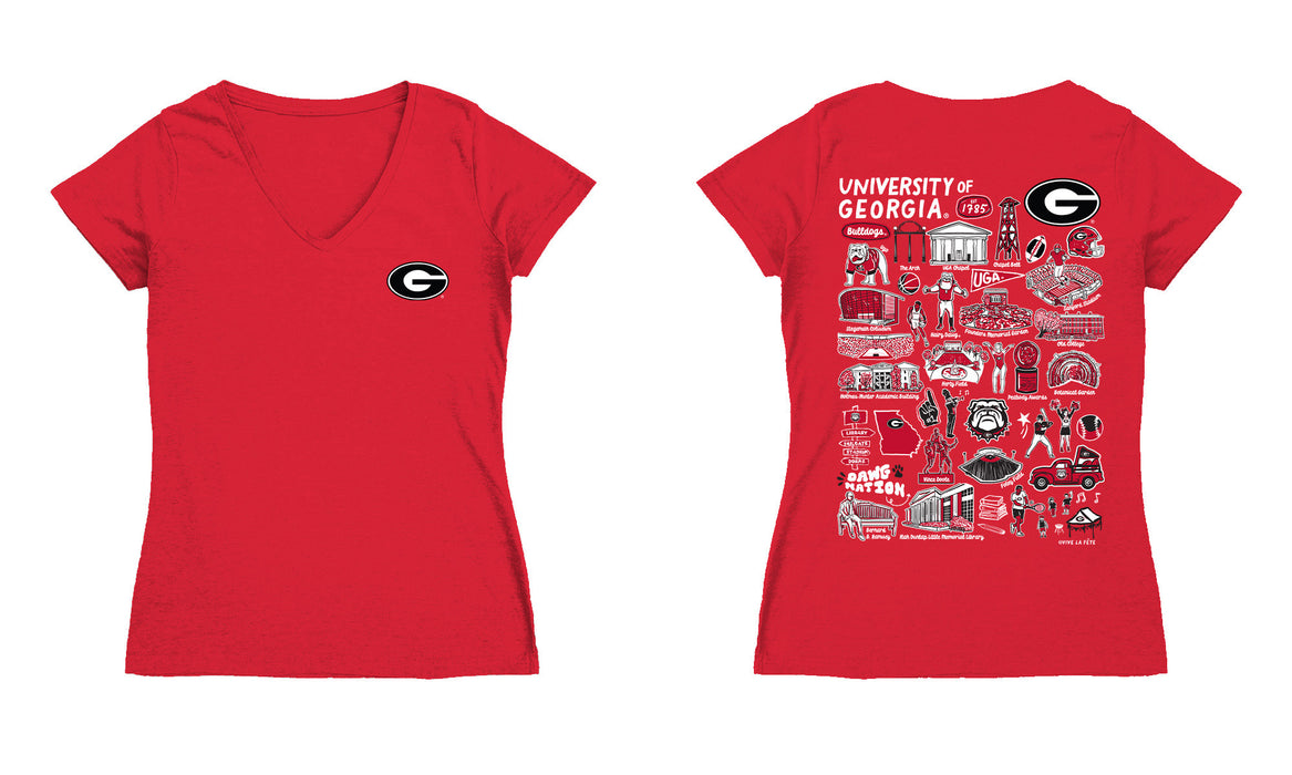 Georgia Bulldogs Hand Sketched Vive La Fete Impressions Artwork Red Women Cotton Short Sleeve V-Neck Tshirt