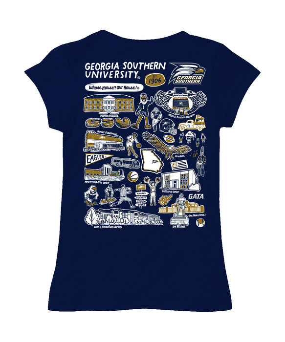 Georgia Southern Eagles Hand Sketched Vive La Fete Impressions Artwork Navy Girls Cotton Short Sleeve Tee - Vive La Fête - Online Apparel Store