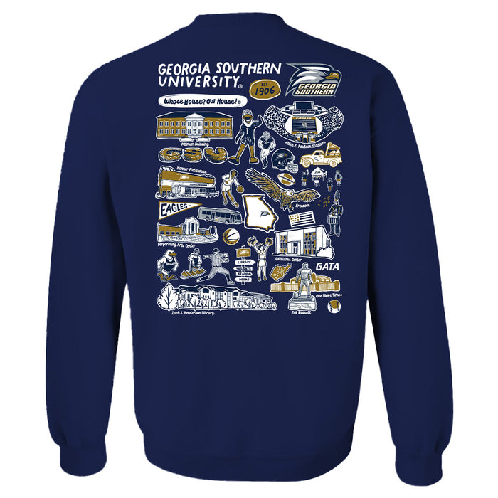 Georgia Southern Eagles Hand Sketched Artwork Navy Crewneck Sweatshirt for Women