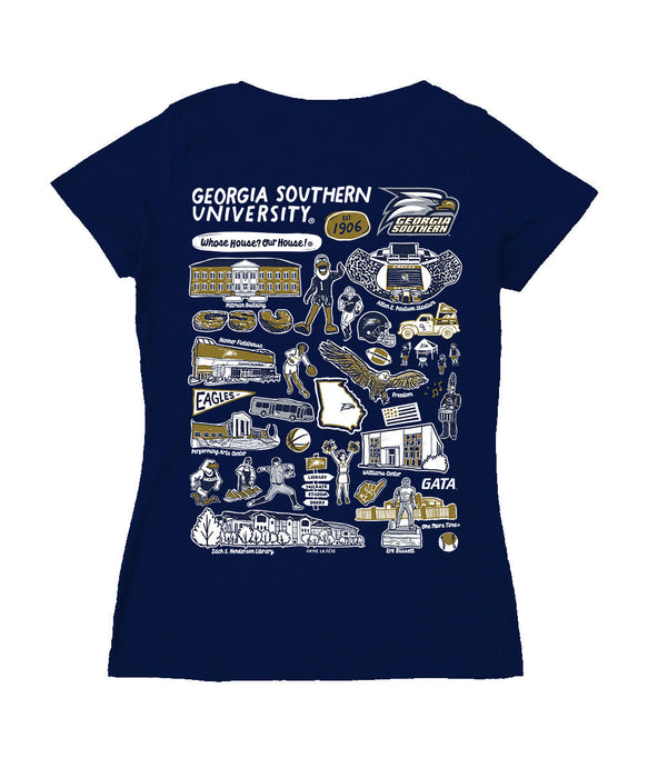 Georgia Southern Eagles Hand Sketched Vive La Fete Impressions Artwork Navy Women Cotton Short Sleeve V-Neck Tshirt
