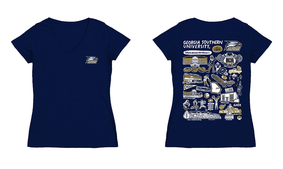 Georgia Southern Eagles Hand Sketched Vive La Fete Impressions Artwork Navy Women Cotton Short Sleeve V-Neck Tshirt