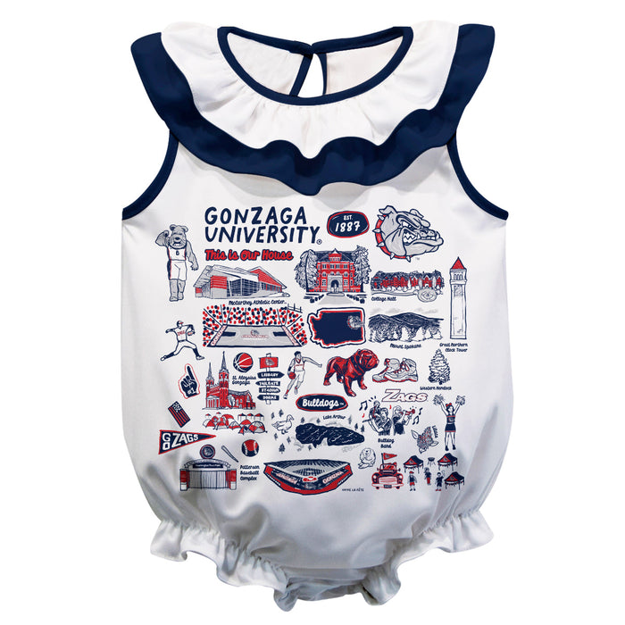 Gonzaga University Bulldogs Zags GU  White Hand Sketched Vive La Fete Impressions Artwork Sleeveless Ruffle Onesie Bodys