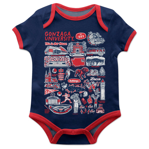 Gonzaga University Bulldogs Zags GU Hand Sketched Vive La Fete Impressions Artwork Infant Blue Short Sleeve Onesie Bodys