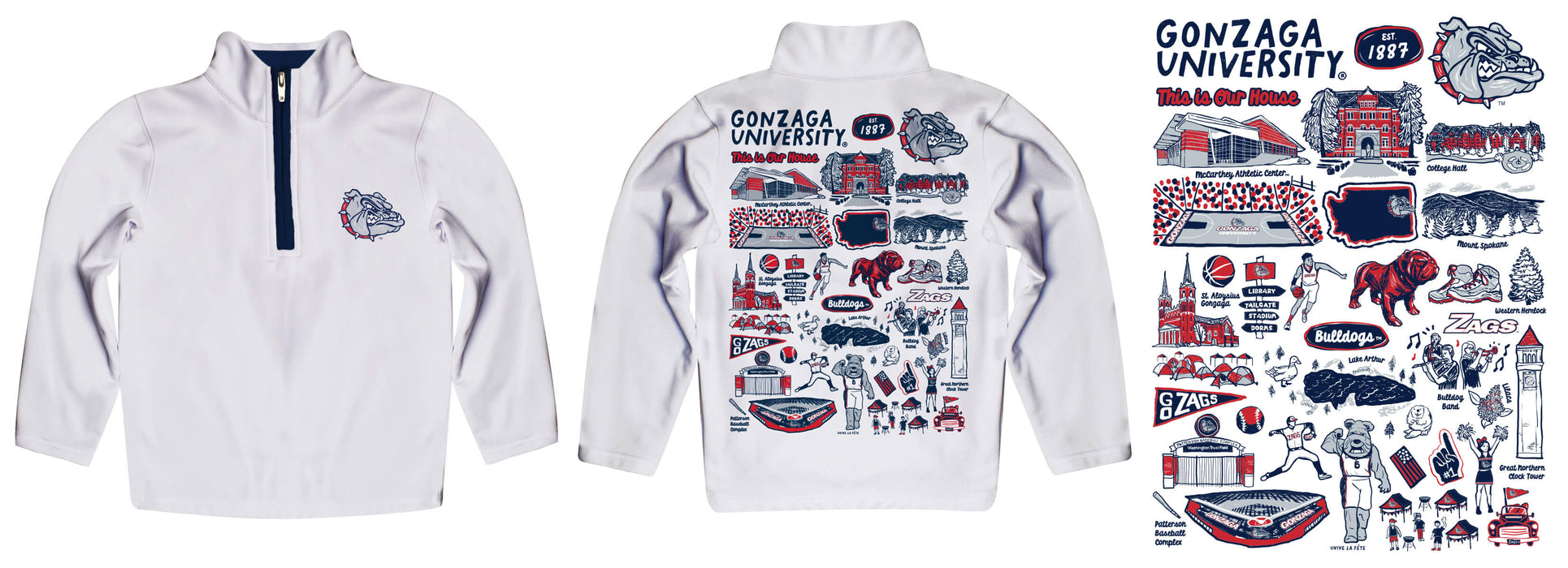 Gonzaga University Bulldogs Zags GU Hand Sketched Vive La Fete Impressions Artwork White Boys Quarter Zip Pullover V1 - Vive La Fête - Online Apparel Store