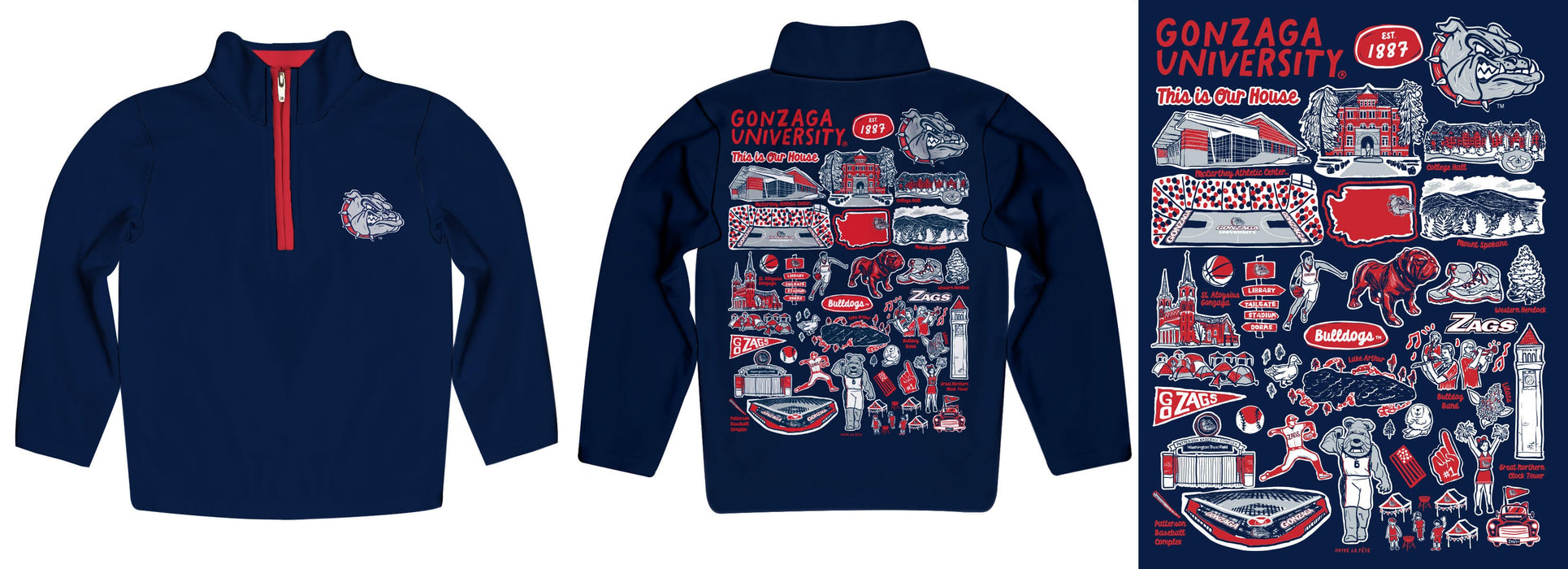 Gonzaga University Bulldogs Zags GU Hand Sketched Vive La Fete Impressions Artwork Blue Boys Quarter Zip Pullover V1 - Vive La Fête - Online Apparel Store