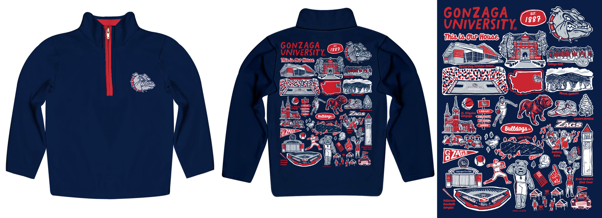 Gonzaga University Bulldogs Zags GU Hand Sketched Vive La Fete Impressions Artwork Blue Boys Quarter Zip Pullover V1 - Vive La Fête - Online Apparel Store