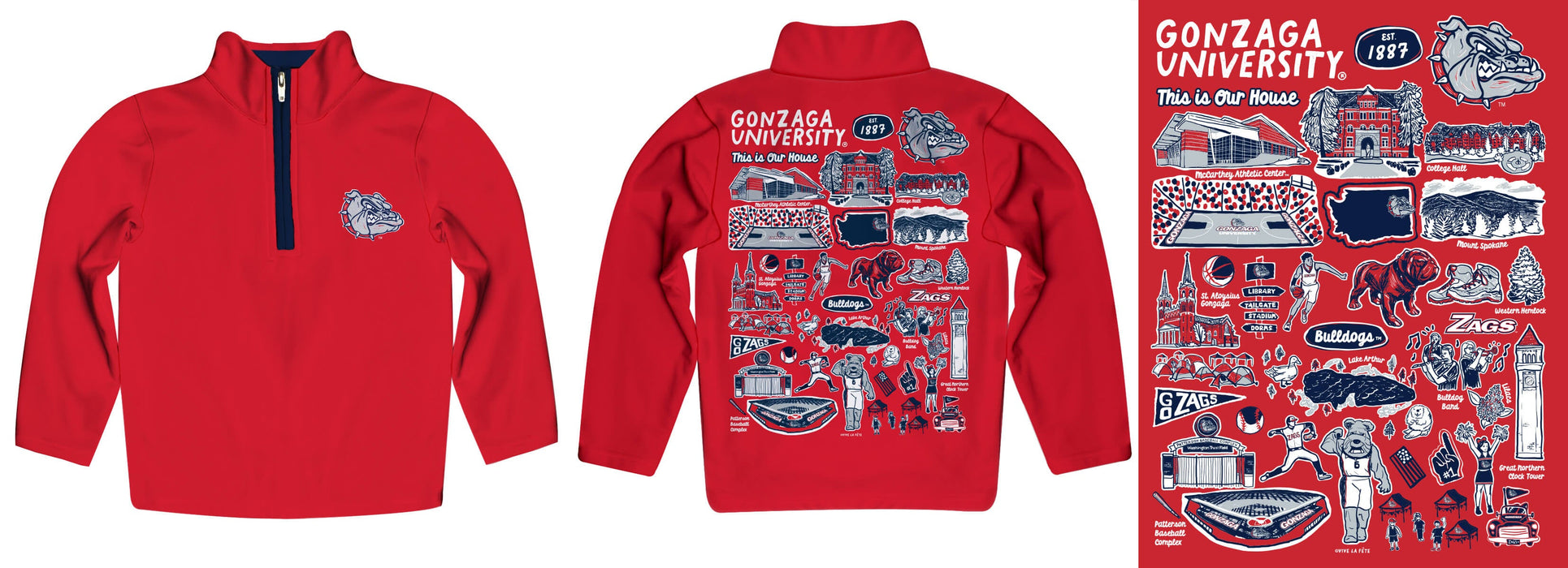 Gonzaga University Bulldogs Zags GU Hand Sketched Vive La Fete Impressions Artwork Red Boys Quarter Zip Pullover V1 - Vive La Fête - Online Apparel Store