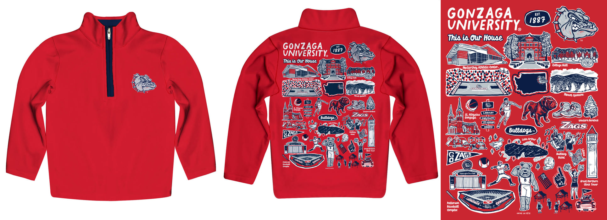 Gonzaga University Bulldogs Zags GU Hand Sketched Vive La Fete Impressions Artwork Red Boys Quarter Zip Pullover V1 - Vive La Fête - Online Apparel Store