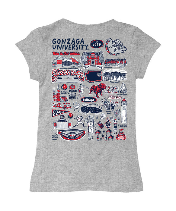 Gonzaga Bulldogs Zags GU Hand Sketched Vive La Fete Impressions Artwork Grey Girls Cotton Short Sleeve Tee - Vive La Fête - Online Apparel Store