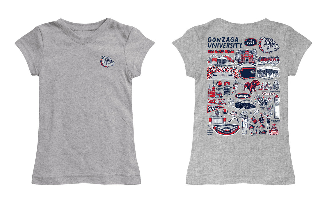 Gonzaga Bulldogs Zags GU Hand Sketched Vive La Fete Impressions Artwork Grey Girls Cotton Short Sleeve Tee - Vive La Fête - Online Apparel Store