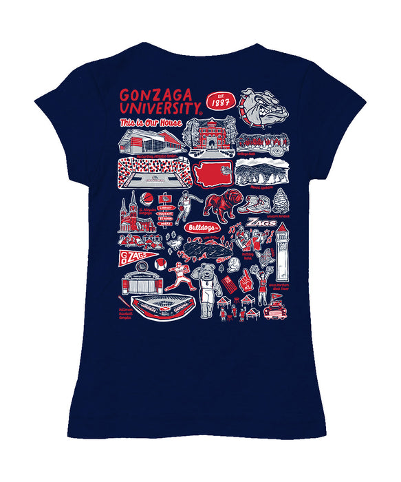 Gonzaga Bulldogs Zags GU Hand Sketched Vive La Fete Impressions Artwork Navy Girls Cotton Short Sleeve Tee - Vive La Fête - Online Apparel Store