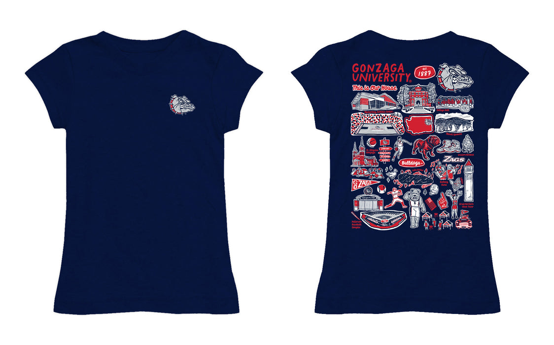 Gonzaga Bulldogs Zags GU Hand Sketched Vive La Fete Impressions Artwork Navy Girls Cotton Short Sleeve Tee - Vive La Fête - Online Apparel Store