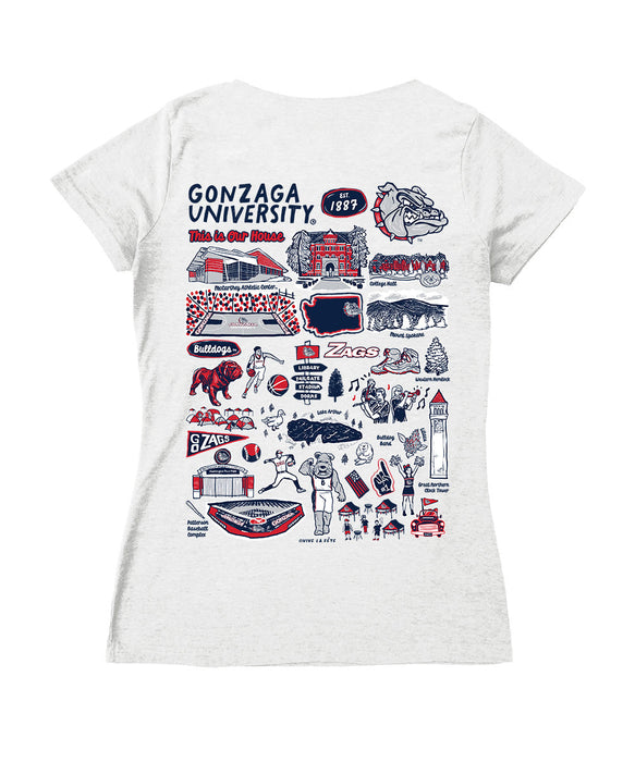 Gonzaga Bulldogs Zags GU Hand Sketched Vive La Fete Impressions Artwork Navy Women Cotton Short Sleeve V-Neck Tshirt