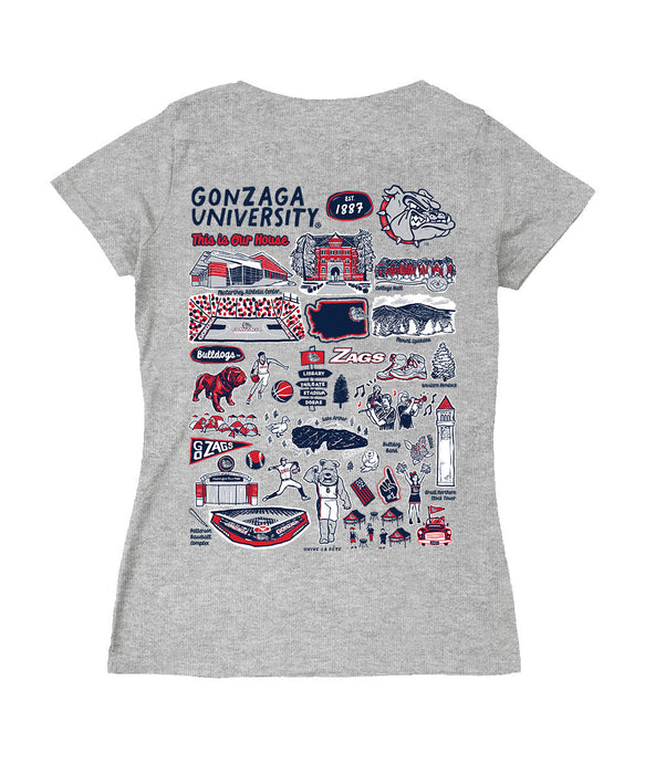 Gonzaga Bulldogs Zags GU Hand Sketched Vive La Fete Impressions Artwork Navy Women Cotton Short Sleeve V-Neck Tshirt