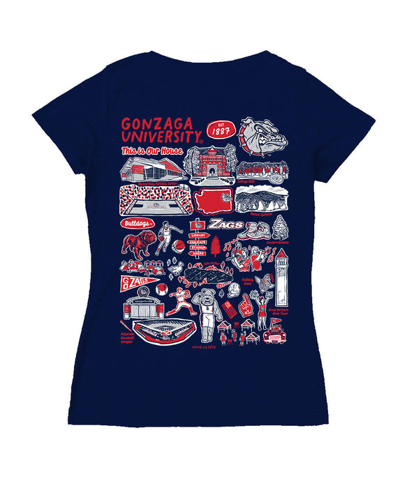 Gonzaga Bulldogs Zags GU Hand Sketched Vive La Fete Impressions Artwork Navy Women Cotton Short Sleeve V-Neck Tshirt