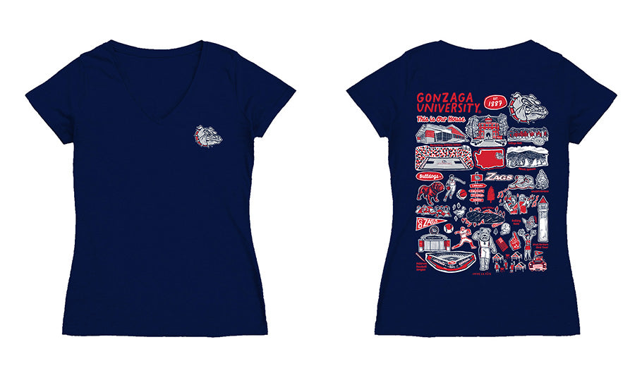 Gonzaga Bulldogs Zags GU Hand Sketched Vive La Fete Impressions Artwork Navy Women Cotton Short Sleeve V-Neck Tshirt