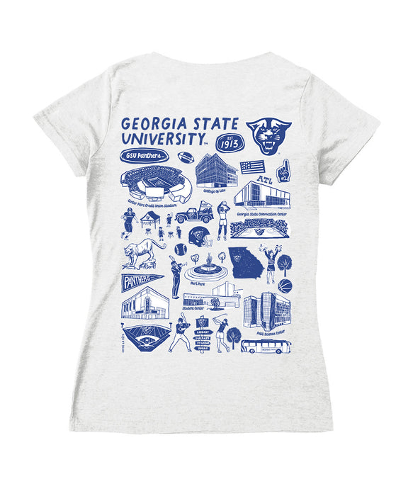 Georgia State Panthers Hand Sketched Vive La Fete Impressions Artwork Royal Women Cotton Short Sleeve V-Neck Tshirt