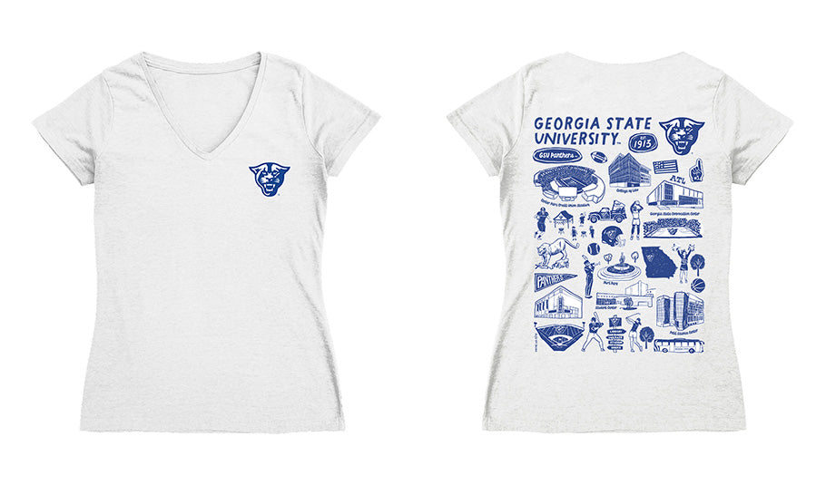 Georgia State Panthers Hand Sketched Vive La Fete Impressions Artwork Royal Women Cotton Short Sleeve V-Neck Tshirt