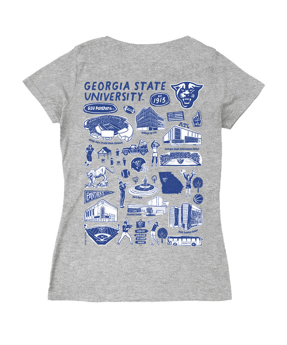 Georgia State Panthers Hand Sketched Vive La Fete Impressions Artwork Royal Women Cotton Short Sleeve V-Neck Tshirt