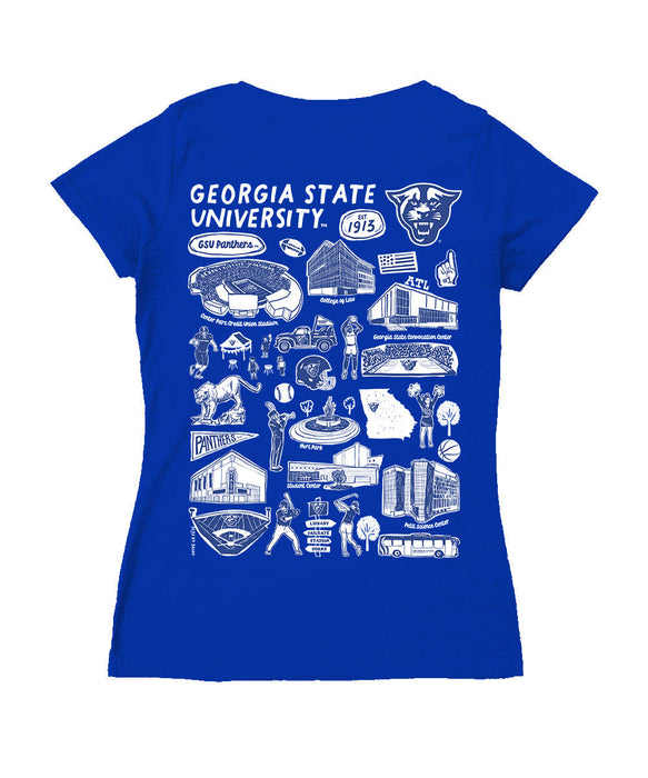 Georgia State Panthers Hand Sketched Vive La Fete Impressions Artwork Royal Women Cotton Short Sleeve V-Neck Tshirt