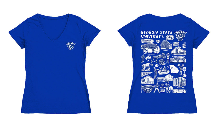 Georgia State Panthers Hand Sketched Vive La Fete Impressions Artwork Royal Women Cotton Short Sleeve V-Neck Tshirt
