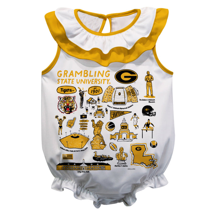 Grambling State Tigers GSU  White Hand Sketched Vive La Fete Impressions Artwork Sleeveless Ruffle Onesie Bodysuit
