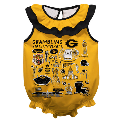 Grambling State Tigers GSU  Gold Hand Sketched Vive La Fete Impressions Artwork Sleeveless Ruffle Onesie Bodysuit