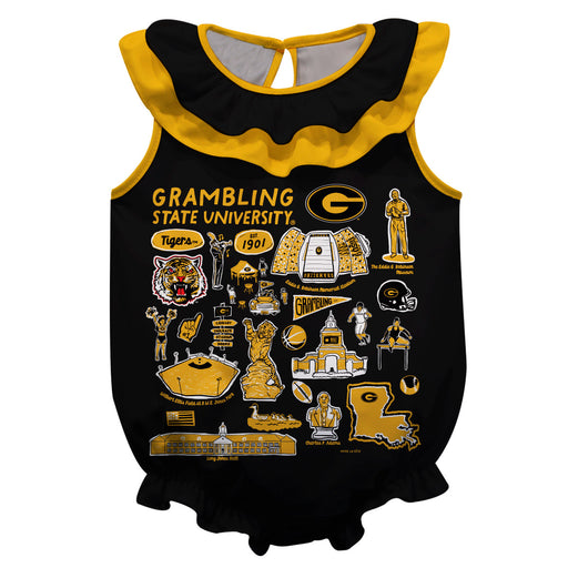 Grambling State Tigers GSU  Black Hand Sketched Vive La Fete Impressions Artwork Sleeveless Ruffle Onesie Bodysuit