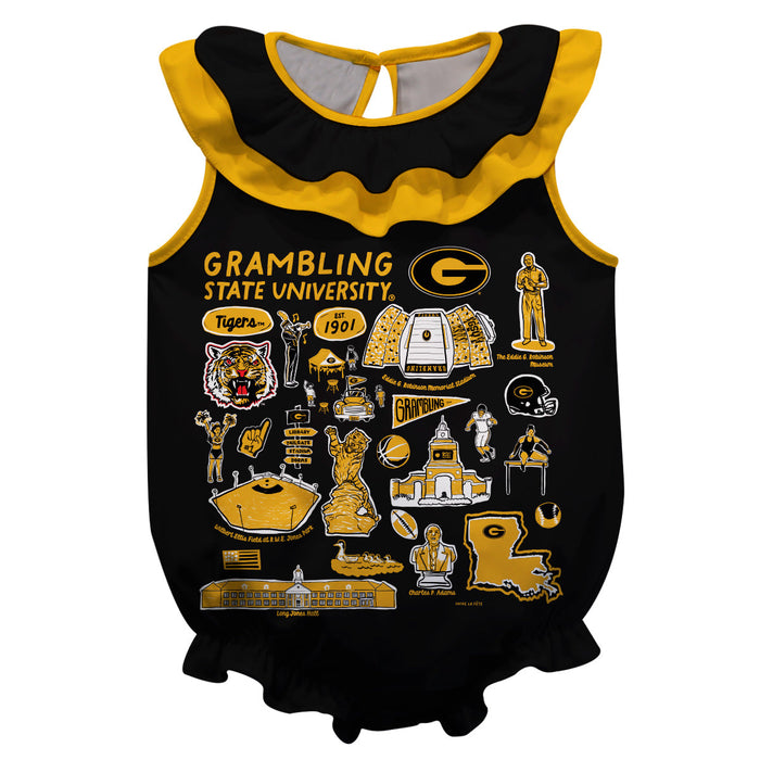 Grambling State Tigers GSU  Black Hand Sketched Vive La Fete Impressions Artwork Sleeveless Ruffle Onesie Bodysuit