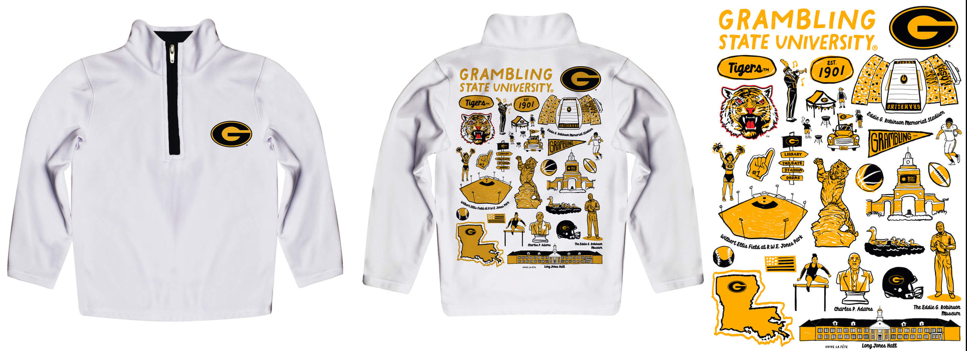 Grambling State Tigers GSU Hand Sketched Vive La Fete Impressions Artwork  White Boys Quarter Zip Pullover V1 - Vive La Fête - Online Apparel Store