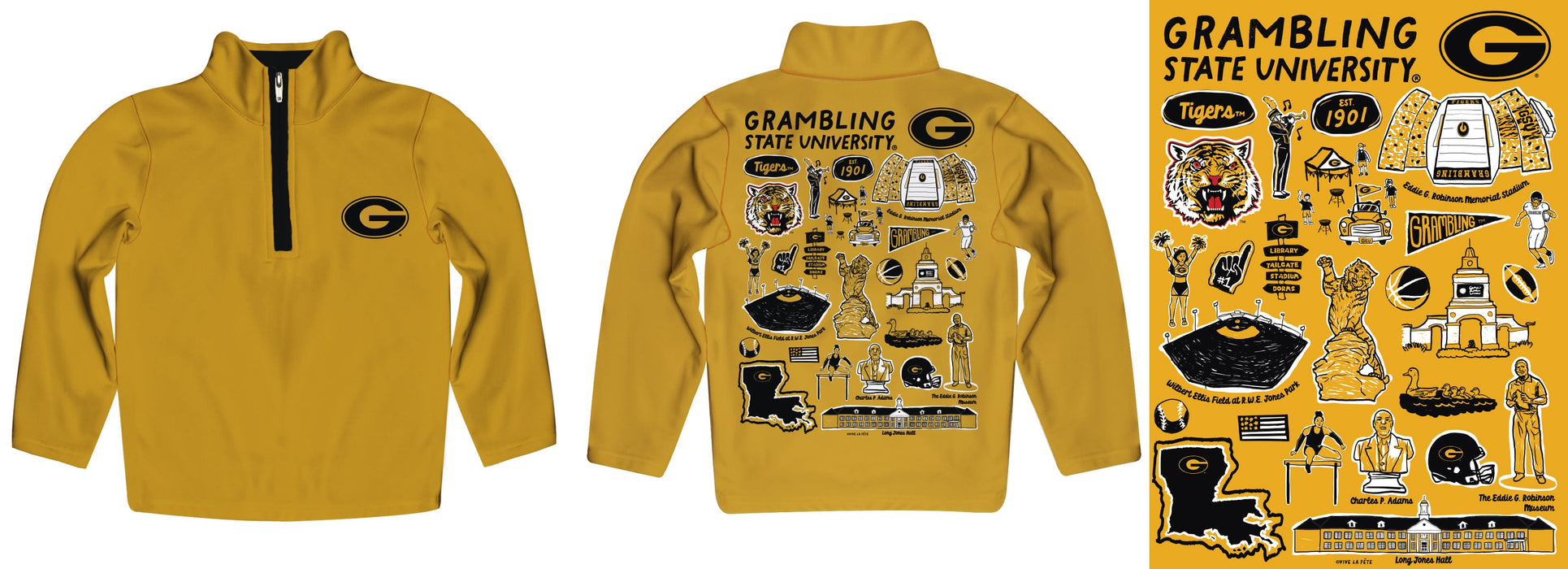 Grambling State Tigers GSU Hand Sketched Vive La Fete Impressions Artwork Gold Boys Quarter Zip Pullover V1 - Vive La Fête - Online Apparel Store
