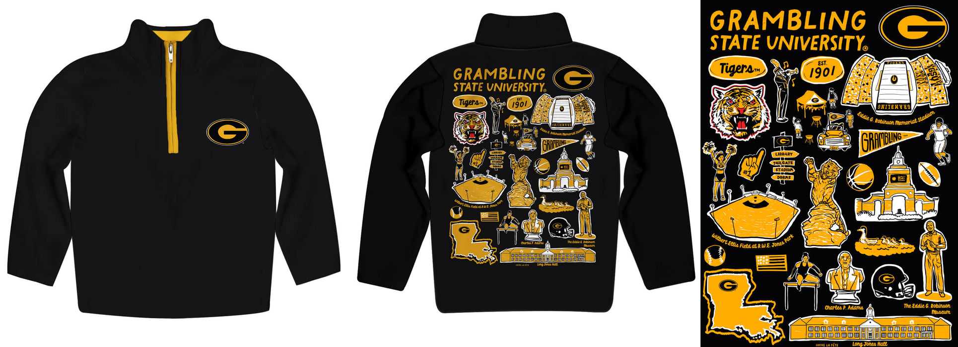 Grambling State Tigers GSU Hand Sketched Vive La Fete Impressions Artwork Black Boys Quarter Zip Pullover V1 - Vive La Fête - Online Apparel Store