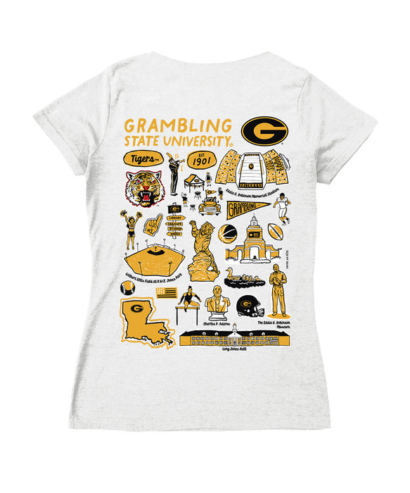 Grambling State Tigers GSU Hand Sketched Vive La Fete Impressions Artwork Black Women Cotton Short Sleeve V-Neck Tshirt