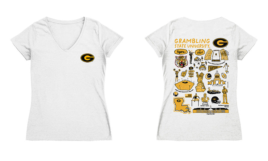 Grambling State Tigers GSU Hand Sketched Vive La Fete Impressions Artwork Black Women Cotton Short Sleeve V-Neck Tshirt