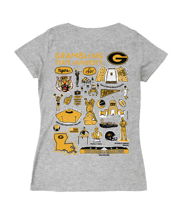 Grambling State Tigers GSU Hand Sketched Vive La Fete Impressions Artwork Black Women Cotton Short Sleeve V-Neck Tshirt