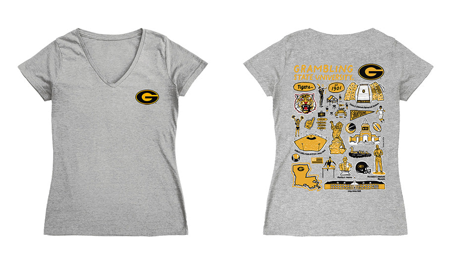 Grambling State Tigers GSU Hand Sketched Vive La Fete Impressions Artwork Black Women Cotton Short Sleeve V-Neck Tshirt