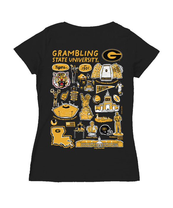 Grambling State Tigers GSU Hand Sketched Vive La Fete Impressions Artwork Black Women Cotton Short Sleeve V-Neck Tshirt
