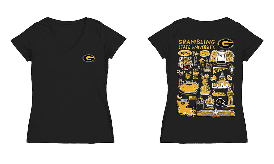 Grambling State Tigers GSU Hand Sketched Vive La Fete Impressions Artwork Black Women Cotton Short Sleeve V-Neck Tshirt