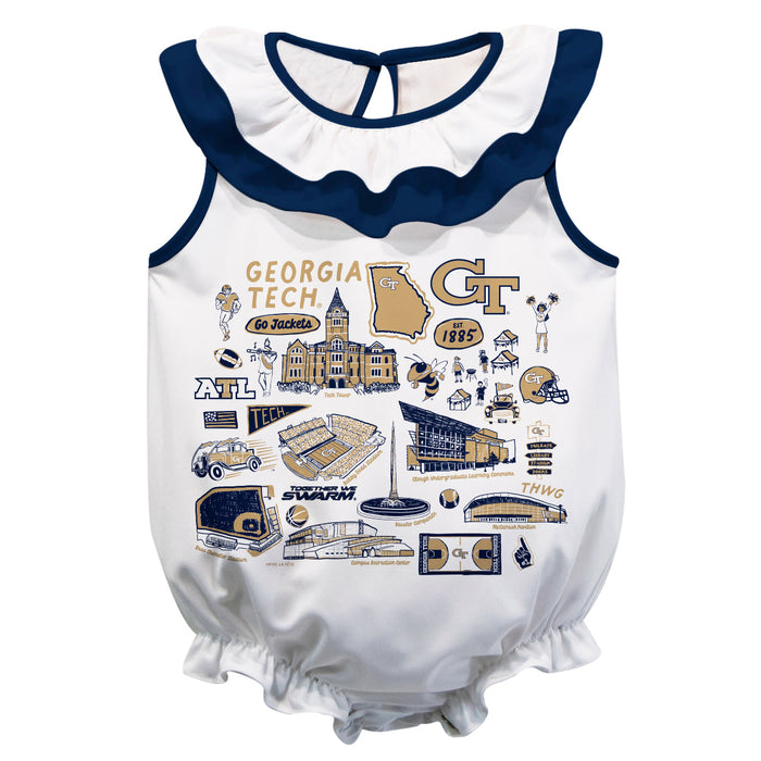 Georgia Tech Yellow Jackets  White Hand Sketched Vive La Fete Impressions Artwork Sleeveless Ruffle Onesie Bodysuit