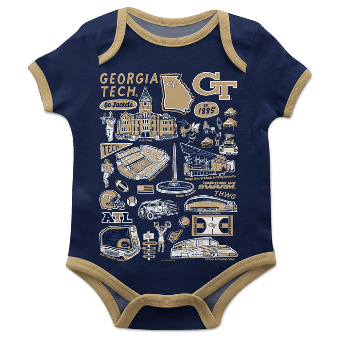 Georgia Tech Yellow Jackets Hand Sketched Vive La Fete Impressions Artwork Infant Navy Short Sleeve Onesie Bodysuit
