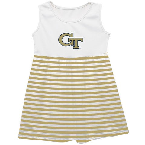 Georgia Tech Yellow Jackets Vive La Fete Girls White Sleeveless Tank Dress Gold Stripes on Skirt