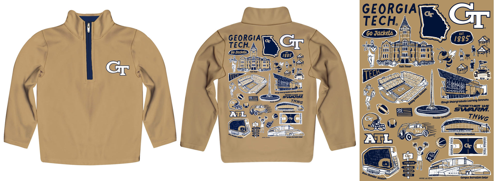 Georgia Tech Yellow Jackets Hand Sketched Vive La Fete Impressions Artwork Gold Boys Quarter Zip Pullover V1 - Vive La Fête - Online Apparel Store