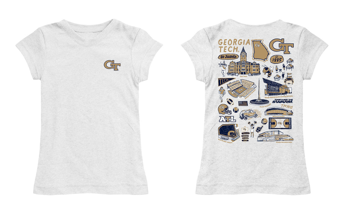 Georgia Tech Yellow Jackets Hand Sketched Vive La Fete Impressions Artwork White Girls Cotton Short Sleeve Tee - Vive La Fête - Online Apparel Store