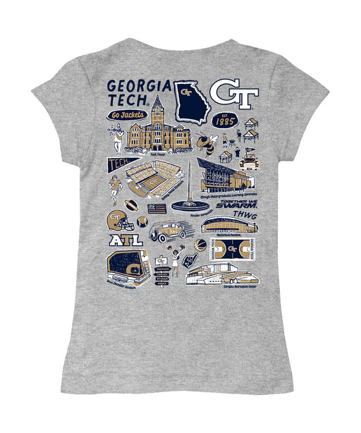 Georgia Tech Yellow Jackets Hand Sketched Vive La Fete Impressions Artwork Grey Girls Cotton Short Sleeve Tee - Vive La Fête - Online Apparel Store