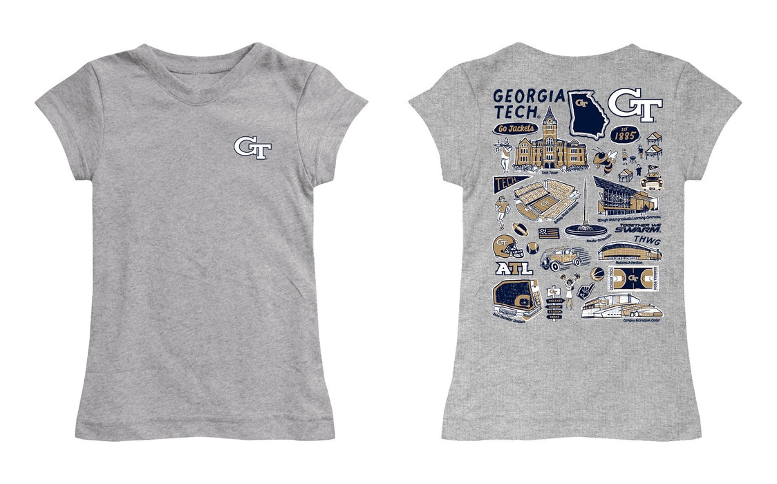 Georgia Tech Yellow Jackets Hand Sketched Vive La Fete Impressions Artwork Grey Girls Cotton Short Sleeve Tee - Vive La Fête - Online Apparel Store