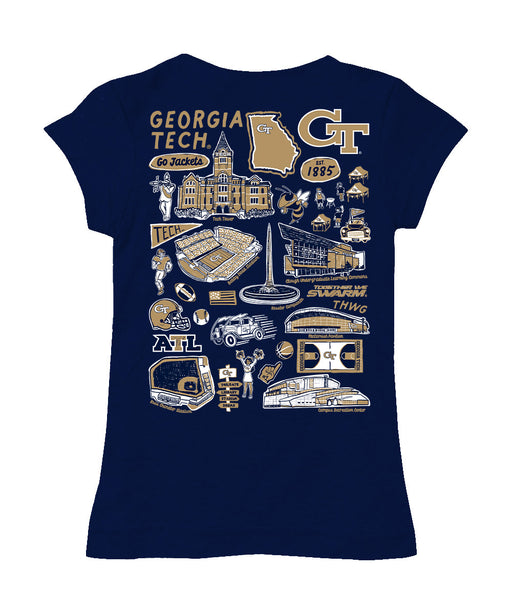 Georgia Tech Yellow Jackets Hand Sketched Vive La Fete Impressions Artwork Navy Girls Cotton Short Sleeve Tee - Vive La Fête - Online Apparel Store